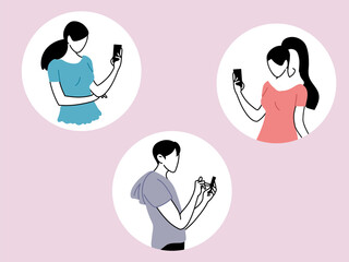 Sticker - set of people using smartphone, men and women with mobiles devices