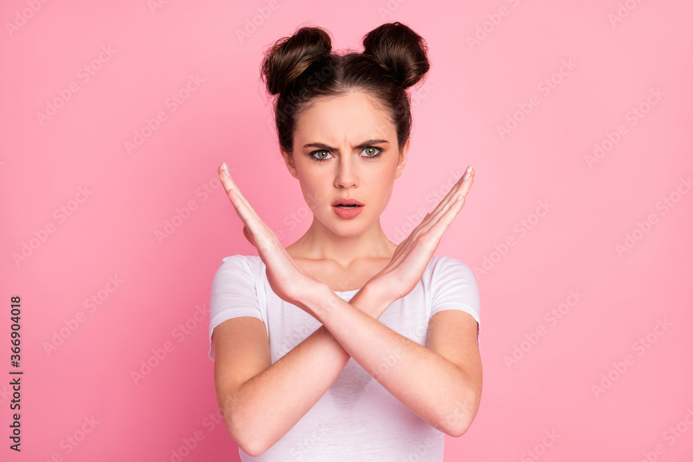 Close-up portrait of her she nice attractive charming lovely pretty strict serious girl showing no sign crossed hands isolated over pink pastel color background - obrazy, fototapety, plakaty 