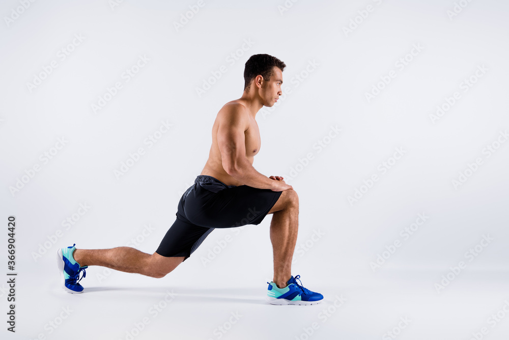 Full length body size profile side view of his he nice attractive sportive professional guy doing sit-up preparing contest shaping pilates yoga isolated over light white pastel color background - obrazy, fototapety, plakaty 
