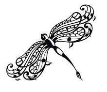 Dragonfly Logo With Line Art And Note Symbols - Vector.Music And Dragonfly Symbol. 