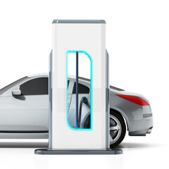 Wall Mural - Car standing near charging station connected with a cord. 3D illustration