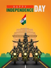 happy independence day india. indian soldiers ride with bullet and holding flag in hands. poster, banner. vector illustration