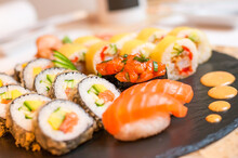 Colorful Sushi Set Placed On The Plate With Detailed View
