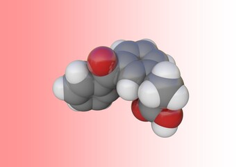 Molecular structure of ketoprofen. Atoms are represented as spheres with color coding: carbon (grey), oxygen (red), hydrogen (white). 3d illustration