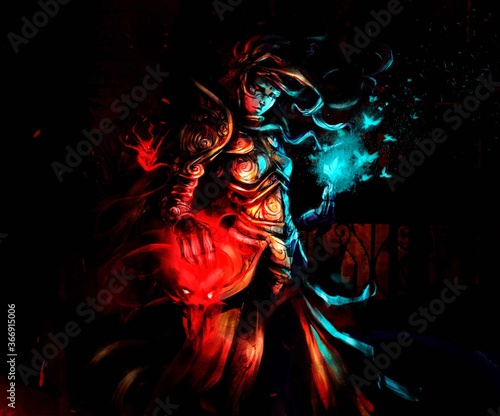 Cuadros en Lienzo A sinister female wizard with glowing hands from which magic creatures, butterflies and demons escape