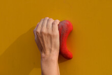 Sport. Climbing. Competitions. Female Hand On A Climbing Hook On The Climbing Wall