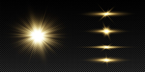 Wall Mural - Shining golden stars isolated on black background. Effects, glare, lines, glitter, explosion, golden light. Vector illustration.Set. 