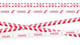 Fototapeta Koty - Red police tape, crime danger line. Caution police lines isolated. Warning tapes. Set of red warning ribbons. Vector illustration on white background.