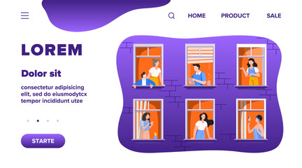 Wall Mural - Apartment building with people in open window spaces. Neighbors drinking coffee, talking, using cell. Vector illustration for block of flat, condo, neighborhood, community, house friendship concept