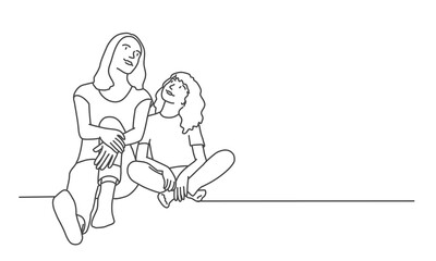 Sticker - Mother and daughter sit on the floor and look up. Line drawing vector illustration.