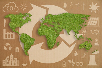 Green grass World Map , white recycling symbol and ecology icons on paper cardboard backdrop. Ecology concept background.