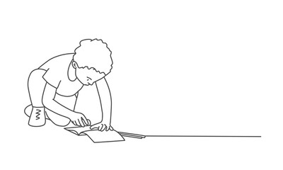 Little boy draws on the floor. Line drawing vector illustration.