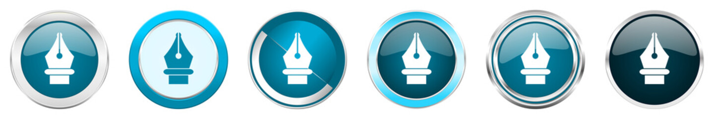 Aufkleber - Pen silver metallic chrome border icons in 6 options, set of web blue round buttons isolated on white background