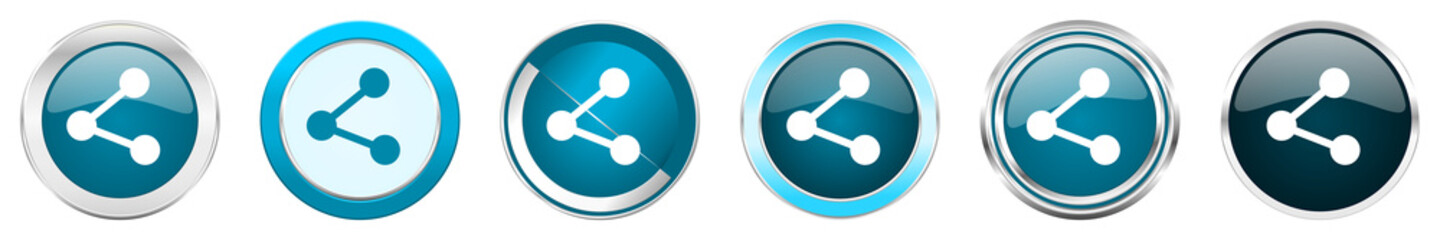 Aufkleber - Share silver metallic chrome border icons in 6 options, set of web blue round buttons isolated on white background.