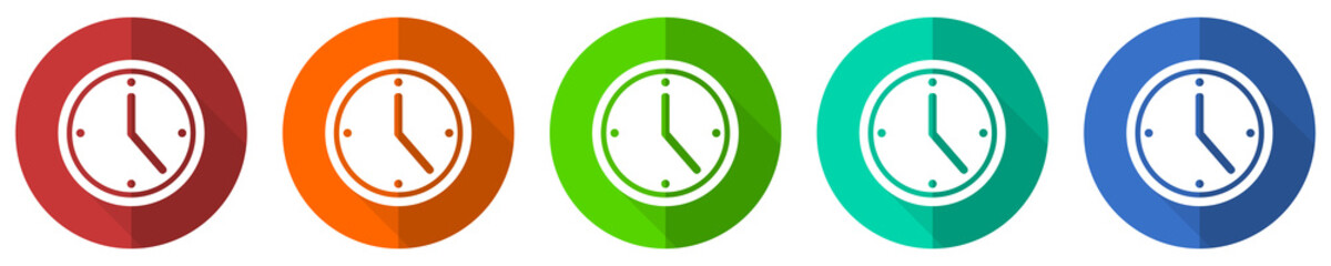 Fototapete - Time icon set, red, blue, green and orange flat design web buttons isolated on white background, vector illustration