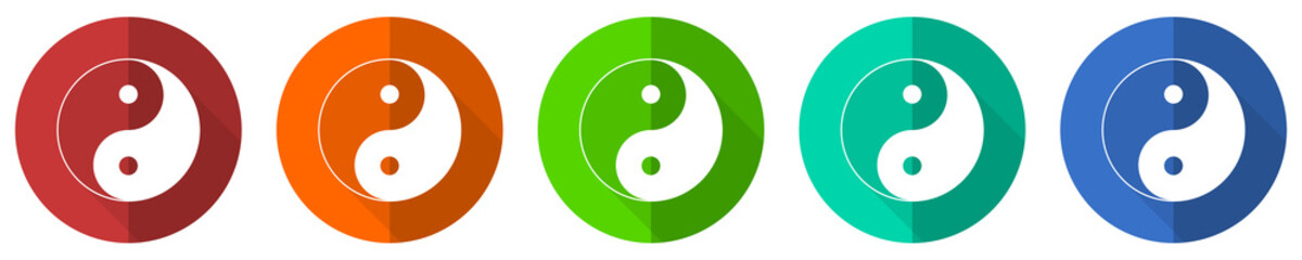 Poster - Ying yang icon set, red, blue, green and orange flat design web buttons isolated on white background, vector illustration