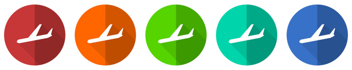 Leinwandbilder - Arrivals icon set, flight, airplane, red, blue, green and orange flat design web buttons isolated on white background, vector illustration