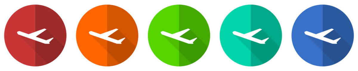 Leinwandbilder - Deparures icon set, flight, airplane, red, blue, green and orange flat design web buttons isolated on white background, vector illustration