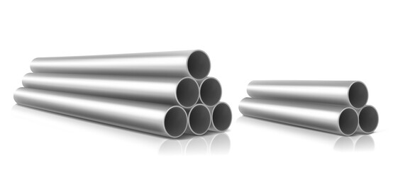 Stack of steel pipes isolated on white background. Vector realistic set of straight metal or pvc plumbing cylinders. Industrial pieces of pipelines for conduit, factory or construction