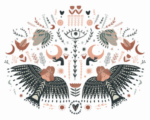 Modern bohemian style, folk tribal art in the Scandinavian style. Folk mythology, Swedish folklore. animals and plants.