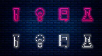 Canvas Print - set line light bulb with concept of idea, book, test tube and flask and . glowing neon icon on brick