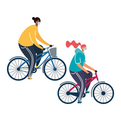 Canvas Print - young couple wearing medical masks in bicycles