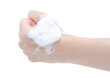 Hand with panthenol foam on white background isolation