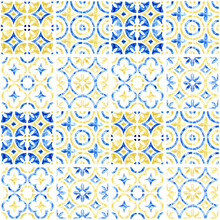 Seamless Watercolor Pattern. Azulejo Ornament In Blue And Yellow Colors Isolated On White. Hand-drawn Print On Paper.