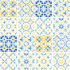 Seamless watercolor pattern. Azulejo ornament in blue and yellow colors isolated on white. Hand-drawn print on paper.