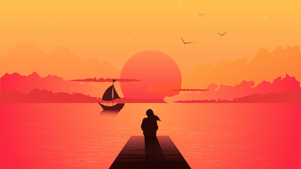 Lonely woman silhouette on sunset. Alone dreamy girl looking at orange sunset with a sailing ship among clouds on sea pier illustration person loneliness pensive vector depression.