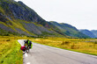 LOFOTEN, NORWAY - SEPTEMBER 10, 2019:  Heavy loaded bicycle with panniers and bags in Lofoten, Norway - popular tourist and cyclist destination in Scandinavia