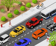 Vector isometric traffic jam illustration. Traffic optimization problem. Modern cities situation.