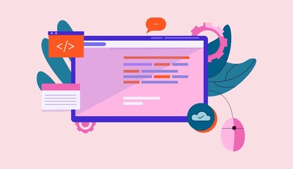 first person programming illustration. online product development software coding technology creativ