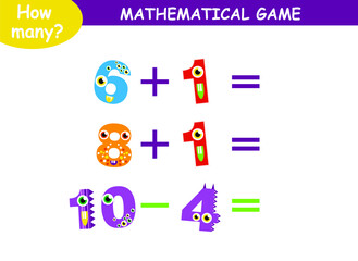 mathematical examples of addition and subtraction with cute monsters. educational page for children.
