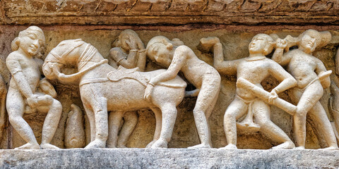 Sculptures on the walls of Lakshmana Temple, Khajuraho Group of Monuments, Madhya Pradesh state, India