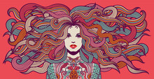 Hippie Woman With Colorful Hair And Attire, 1960's, 1970's Style Illustration. Eps10 Vector.