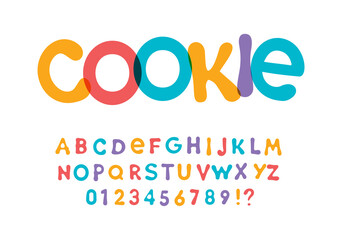 Wall Mural - Color font for bright packaging design for cookies, snacks and sweets. Children font for kids holidays and toys. Vector typography.