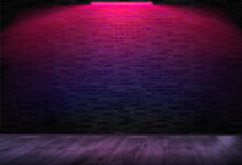 A Room With A Brick Wall On Which Neon Shines. Horizontal Background. Pink Neon. Vector Illustration
