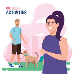 Canvas Print - banner, couple performing leisure outdoor activities, woman walk with dogs vector illustration design