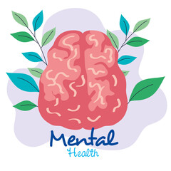 Wall Mural - mental health concept, brain with leaves vector illustration design