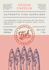 Wall Mural - Ocean Fish Abstract Vector Packaging Design or Label. Modern Typography Banner, Hand Drawn Capelin Silhouette with Lettering Logo Stamp. Color Paper Background Layout.