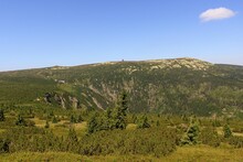 Panoramic View Of Mountain Ridge Above Labsky Dul Valley, Giant Mountains, Krkonose National Park, Czech Republic. Summer Sunny Day. Mountains Covered With Green Vegetation, Mostly Dwarf-pine.