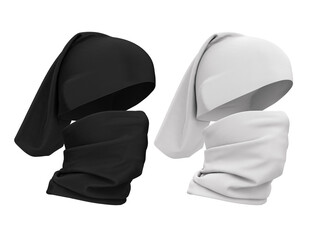 Wall Mural - Buff on the face and on the head. How to wear a buff. Black and white mock up headgear. 3d clothing templates isolated on a white background. Set of different types of buffs.