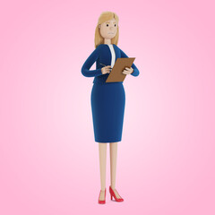 The businesswoman signs the documents. Woman in business clothes, employee of the company. 3d illustration in cartoon style.