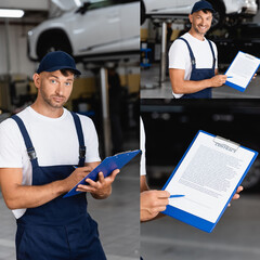 Wall Mural - collage of handsome mechanic in uniform and cap holding clipboard with contract and smiling in service center