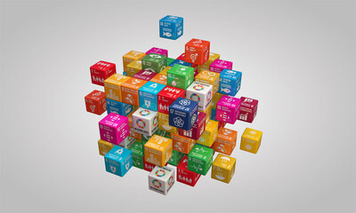 Wall Mural - 3D rendering colorful cubes Illustration of Sustainable Development Goals. SDG Icons Symbols for Presentation Article, Website Report, Brochure, Poster for NGO & Social work. 3D Illustration.