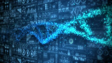DNA helix molecule loop animation. DNA chromosome concept. Hologram elements of digital data chart. Medical Infographic. High tech future design.