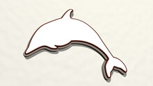 Dolphin On The Wall. 3D Illustration Of Metallic Sculpture Over A White Background With Mild Texture. Animal And Sea