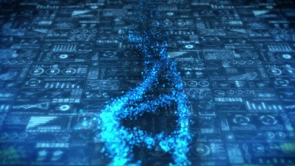 DNA helix molecule loop animation. DNA chromosome concept. Hologram elements of digital data chart. Medical Infographic. High tech future design.