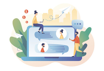 Wall Mural - tiny people using laptop for chatting. mobile chat app. online communication, social networking, mes